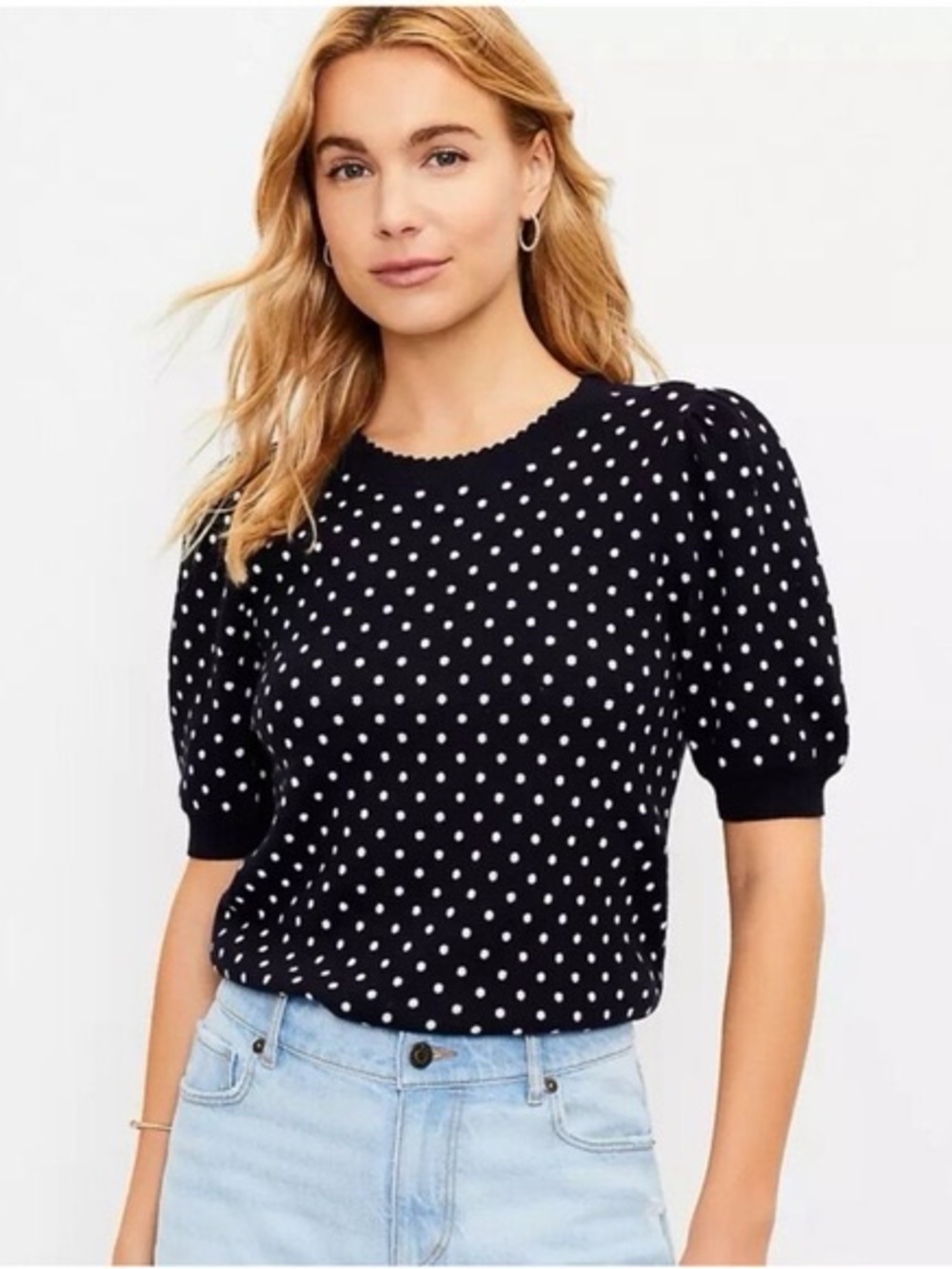 Loft black/white polka dot short sleeved sweater